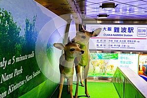 Sculptures of deer in a train station in Namba, Osaka