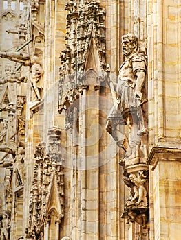 Sculptures and details on the facade on The Dome in Milan, Italy