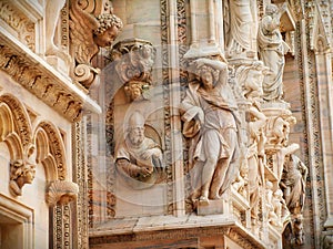 Sculptures and details on the facade on The Dome in Milan, Italy