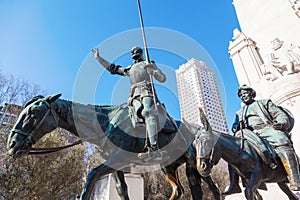 Sculptures of Don Quixote and Sancho Panza on the Plaza de Espana in Madrid, Spain