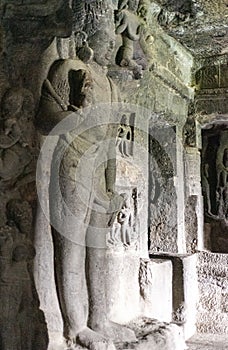 Sculptures at Ellora a religious complex with Buddhist, Hindu and Jain cave temples and monasteries, a world heritage, India