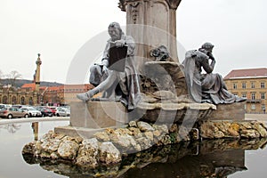 Sculptures of famous historical personae, at the Frankonianbrunnen, neo-baroque fountain on the Residenzplatz, Wurzburg, Germany