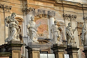 Sculptures on  fence of Catholic church of Holy Apostles Peter and Paul, baroque architectural monument of 1635 on Grodskaya stree