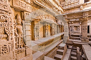 Sculptures of god and goddesses at Rani ki vav in Patan, Gujarat