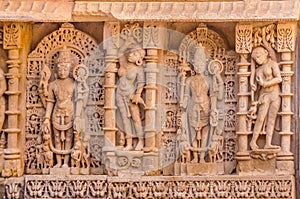 Sculptures of god and goddesses at Rani ki vav in Patan, Gujarat