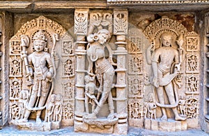 Sculptures of goddesses at Rani ki vav, an intricately constructed stepwell in Patan - Gujarat, India