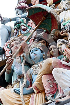 The sculptures of Hindu deities in Sri Mariamman Hindu temple in Chinatown Singapore