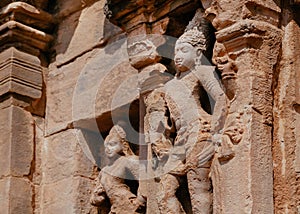 Sculptures of Hindu temple in India. Architecture of 7th century with carved walls in Pattadakal, Karnataka