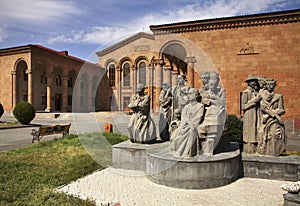 Sculptures of honorary citizens near Komitas Cultural Centre in Vagharshapat. Armenia