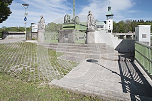 Sculptures on hydropower plant Hochablass in Augsburg