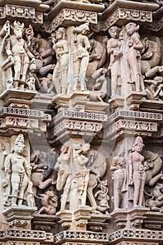 The sculptures made of sandstone, in Khajuraho, India.