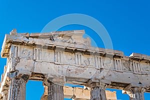 Sculptures on Parthenon` s frieze of Athens Acropolis Greece