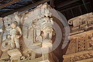 Sculptures in ruins of Ek Balam ancient Mayan city