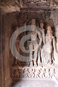 Sculptures of Shiva as Hari-Hara etc, Cave-1 Badami Cave Temples, Badami, Bagalkot, Karnataka, India