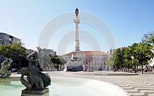 Sculptures of the South fountain in the Rossio Square, the Column of D. Pedro IV in the background, Lisbon, Portugal