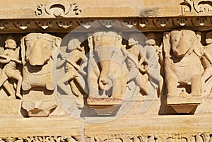 Sculptures at Vishvanatha Temple at the Western temples of Khajuraho in Madhya Pradesh, India.