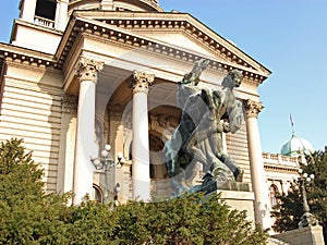 Sculputre in front of building of the Serbian Parliament