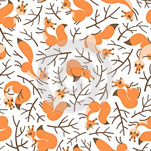 Scurry of Squirrels on the branches. Seamless autumn pattern for gift wrapping, wallpaper, childrens room or clothing