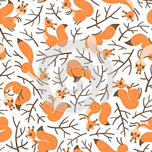 Scurry of Squirrels on the branches. Seamless autumn pattern for gift wrapping, wallpaper, childrens room or clothing photo