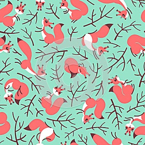 Scurry of Squirrels on the branches. Seamless summer pattern for gift wrapping, wallpaper, childrens room or clothing