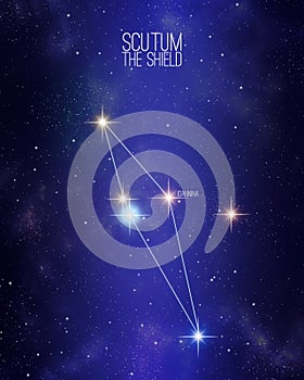 Scutum the shield constellation map on a starry space background. Stars relative sizes and color shades based on their spectral photo