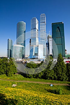 Scyscrapers of Moscow city under blue sky