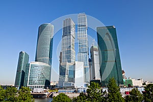 Scyscrapers of Moscow city under blue sky