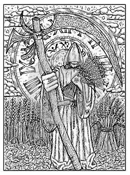Scythe. Black and white mystic concept for Lenormand oracle tarot card