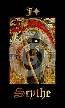 Scythe. Card of Lenormand oracle deck Gothic Mysteries