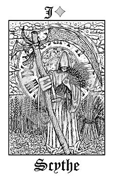 Scythe. Tarot card from vector Lenormand Gothic Mysteries oracle deck