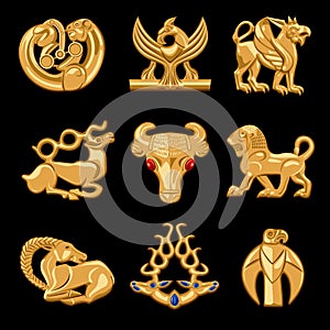 Scythian gold. Vector interpretation of real-life gold jewelry.