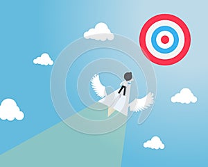 SD Business Man Standing on a paper plane with wings Fly directly to the center of the target quickly