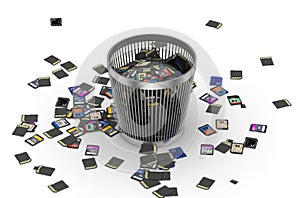 SD and microSD memory cards flow on trashcan