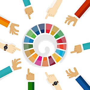 SDG sustainable development goals 17 goal hand pointing team focus concept discus on colorful circle