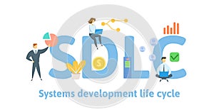 SDLC, Software Development Life Cycle. Concept with people, letters and icons. Flat vector illustration. Isolated on