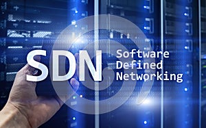 SDN, Software defined networking concept on modern server room background