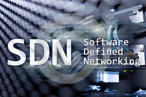 SDN, Software defined networking concept on modern server room background