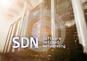 SDN, Software defined networking concept on modern server room background