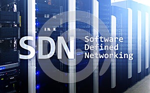 SDN, Software defined networking concept on modern server room background photo
