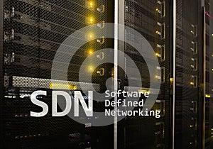 SDN, Software defined networking concept on modern server room background photo