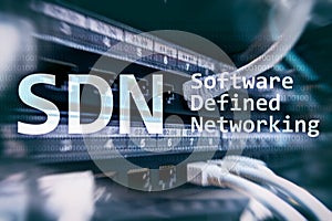 SDN, Software defined networking concept on modern server room background photo