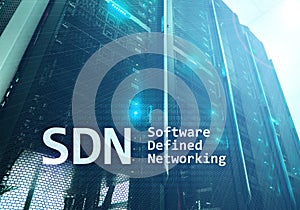 SDN, Software defined networking concept on modern server room background photo