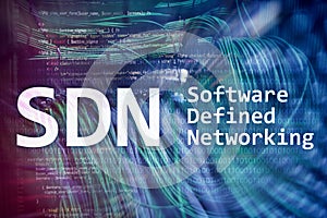 SDN, Software defined networking concept on modern server room background