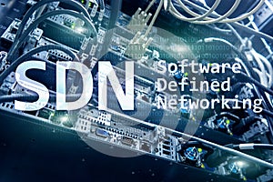 SDN, Software defined networking concept on modern server room background photo