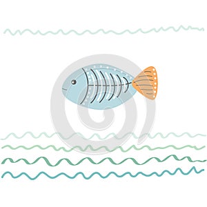 Sea abstract background with fish. Hand drawn vector illustration for your design card or postcard, poster or travel, vacation or