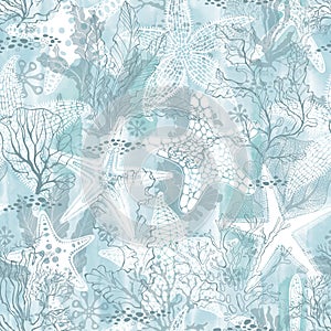 Sea. Abstract seamless pattern on the marine theme with underwater plants,starfish on blue watercolor background. Vector. Perfect