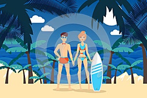 Sea activities result. Surfing on tropical island shore vector illustration. Man and woman in bathing suit standing on
