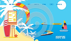 Sea activities result, water transport rental, water scooter, jet ski vector illustration. Price list sign at beach