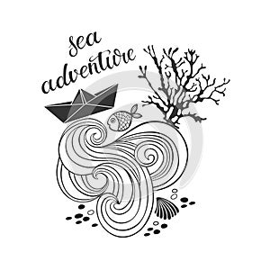 Sea adventure. Black and white illustration with the elements on the marine theme.