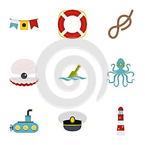 Sea adventure icons set, flat style